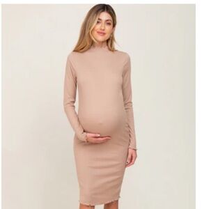 Pinkblush Maternity taupe ribbed mock neck lettuce trim midi dress